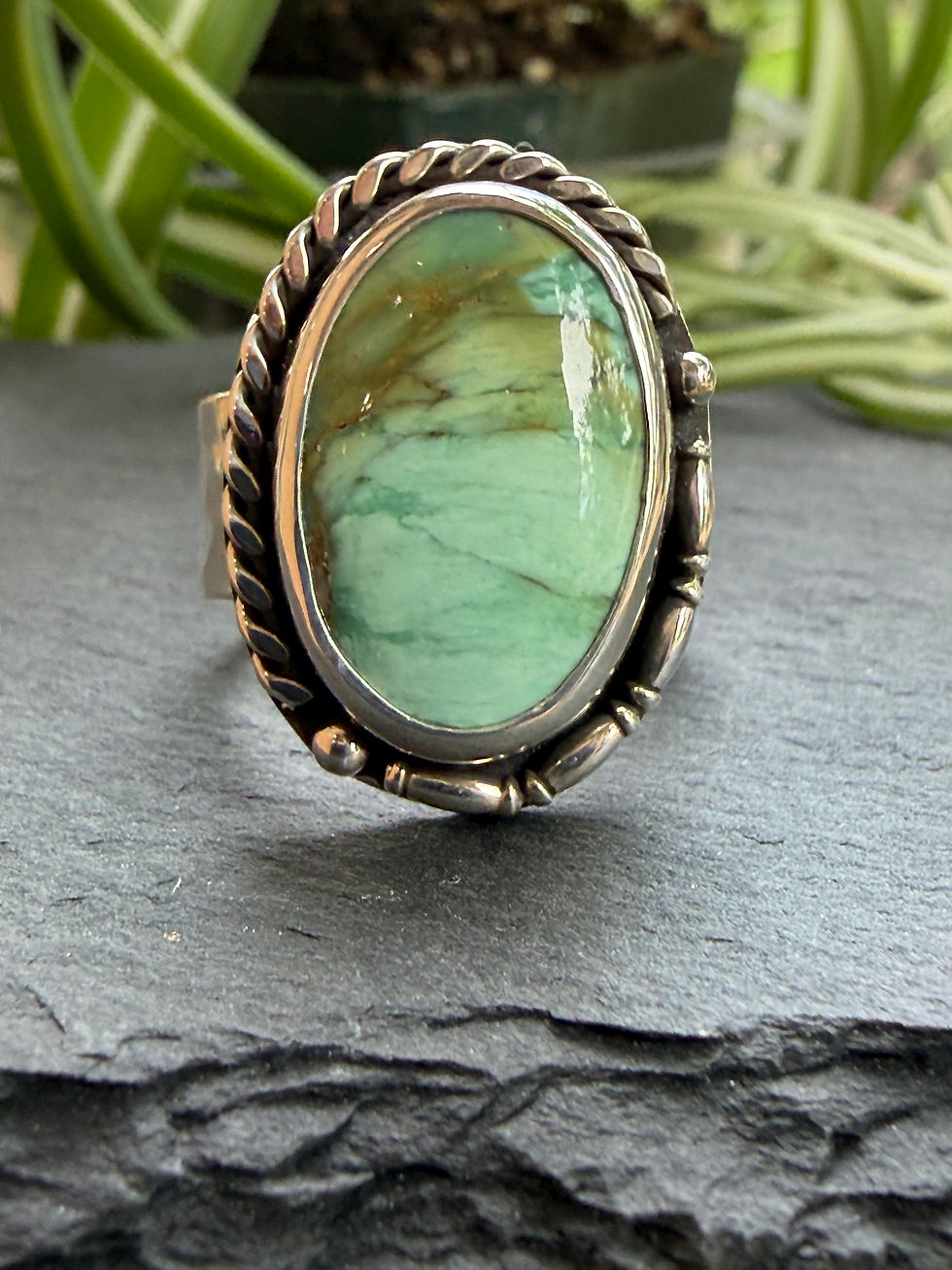 Caramel Mountain variscite ring with twisted rope silver bezel, handcrafted in Taos, New Mexico