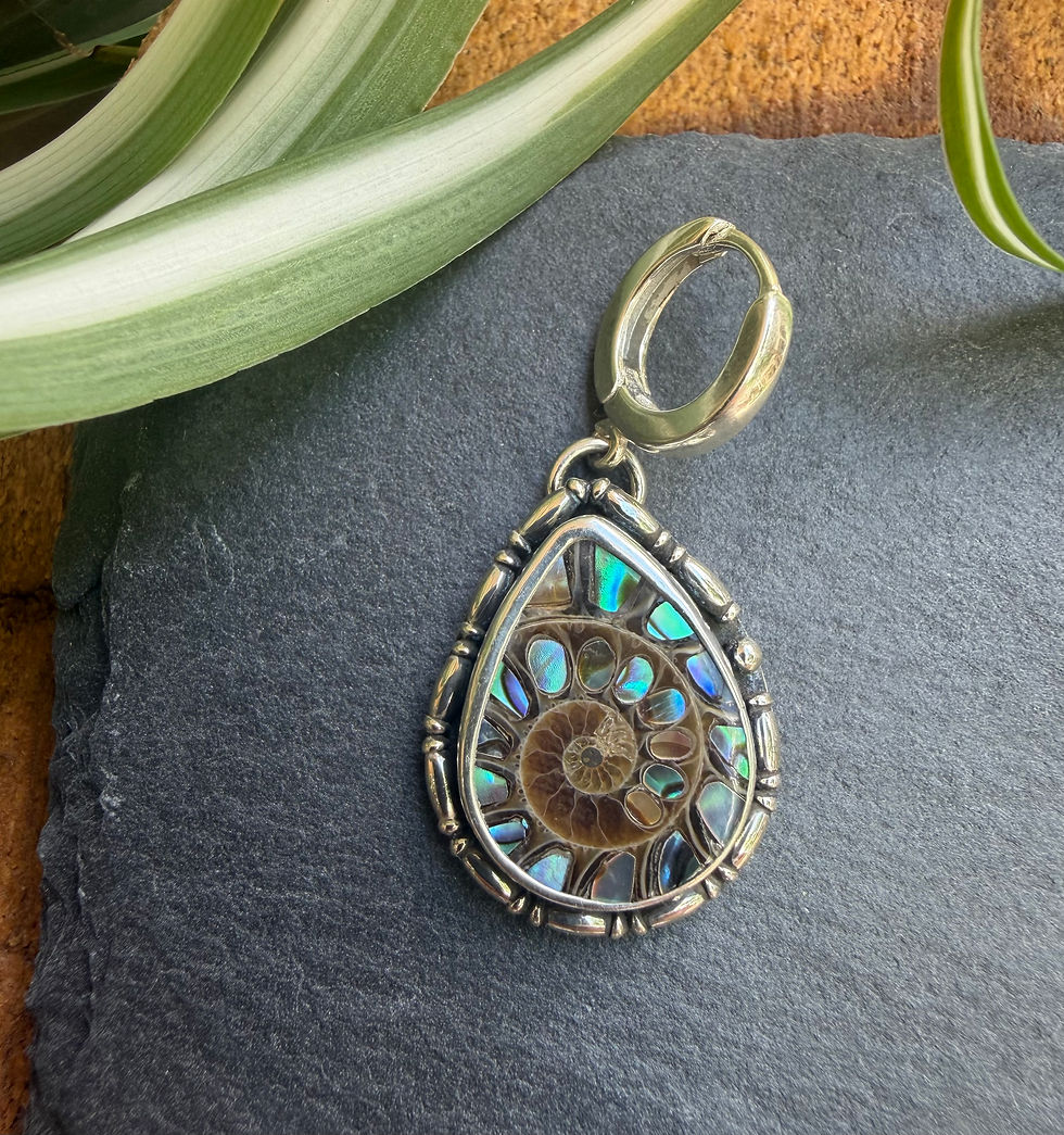 Back of ammonite earrings showing hand-stamped maker's mark, Southwest artisan jewelry, Fire & Stone