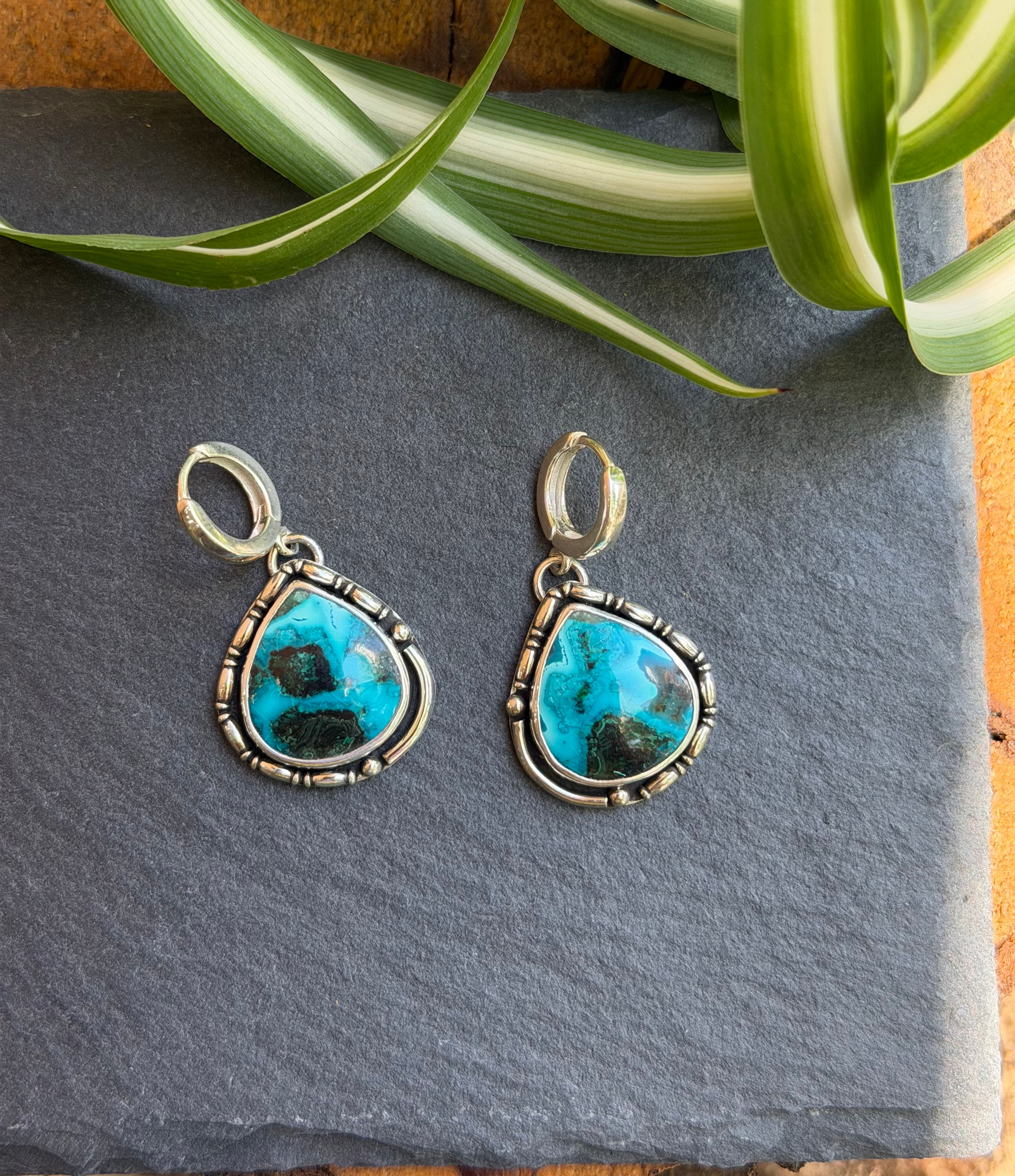Electric shock chrysocolla teardrop earrings, handcrafted Taos, New Mexico