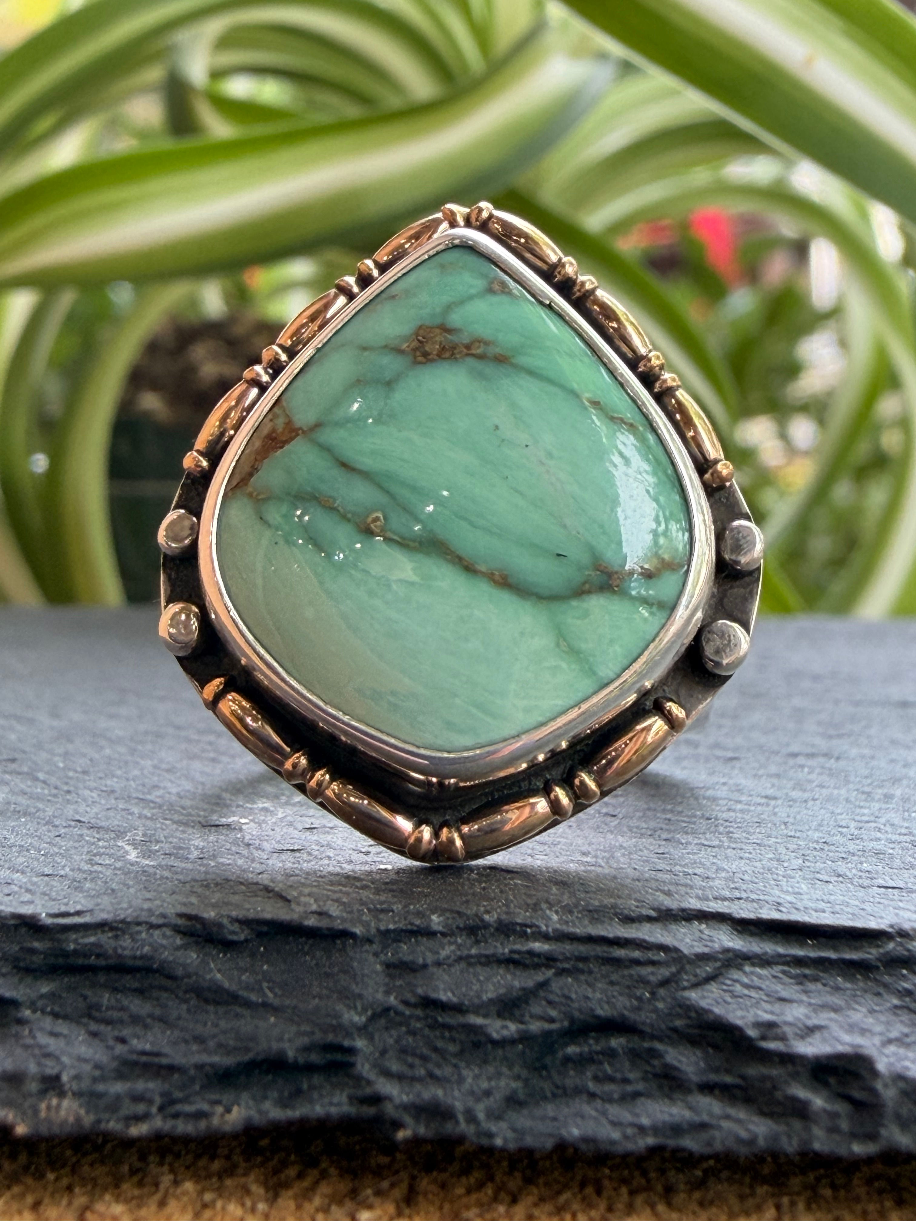 Caramel Mountain turquoise ring with green stone and brown matrix in 14/20 gold-fill setting, handcrafted Taos, New Mexico
