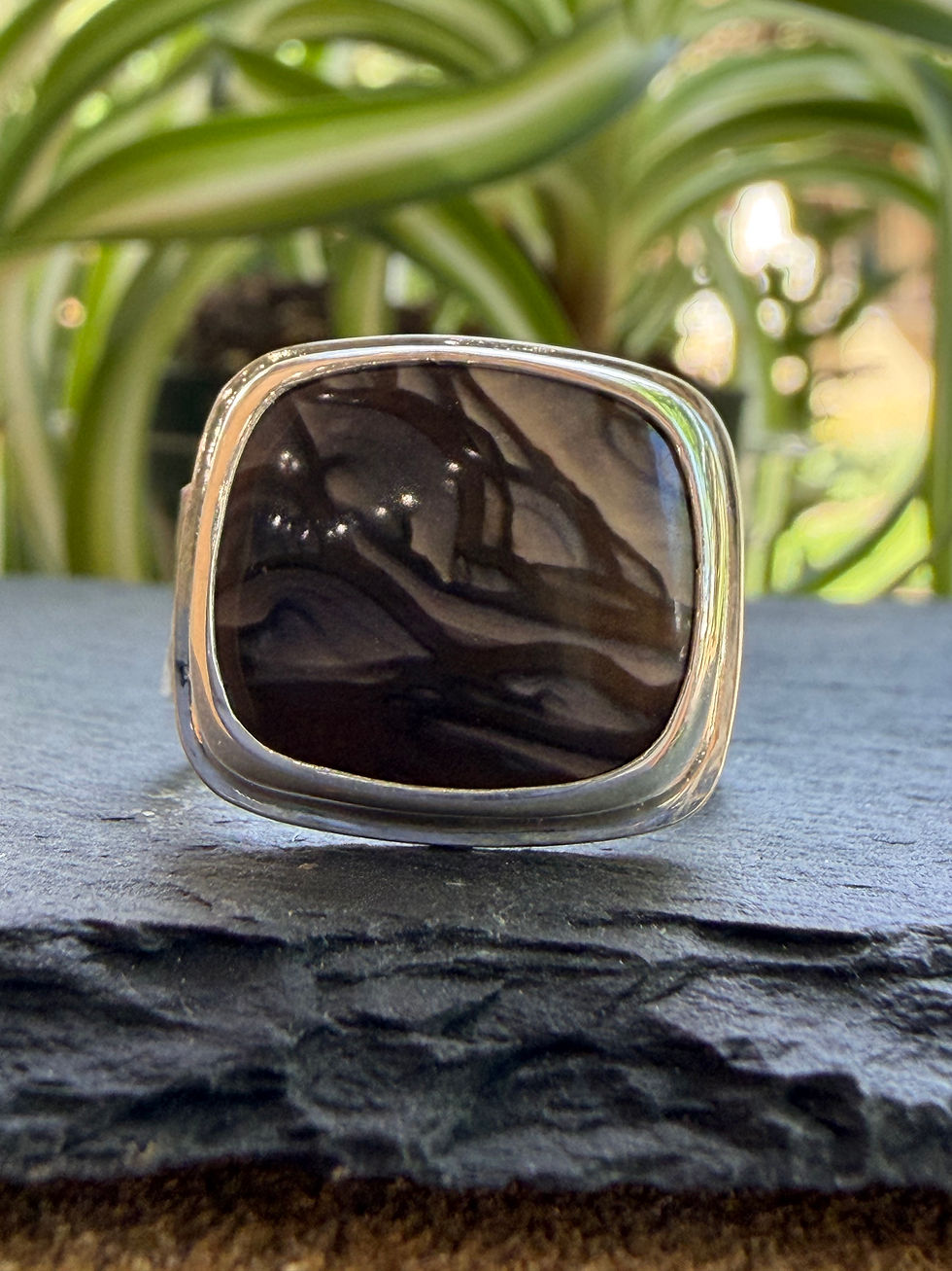 Blue Biggs jasper ring with square silver bezel, handcrafted in Taos, New Mexico