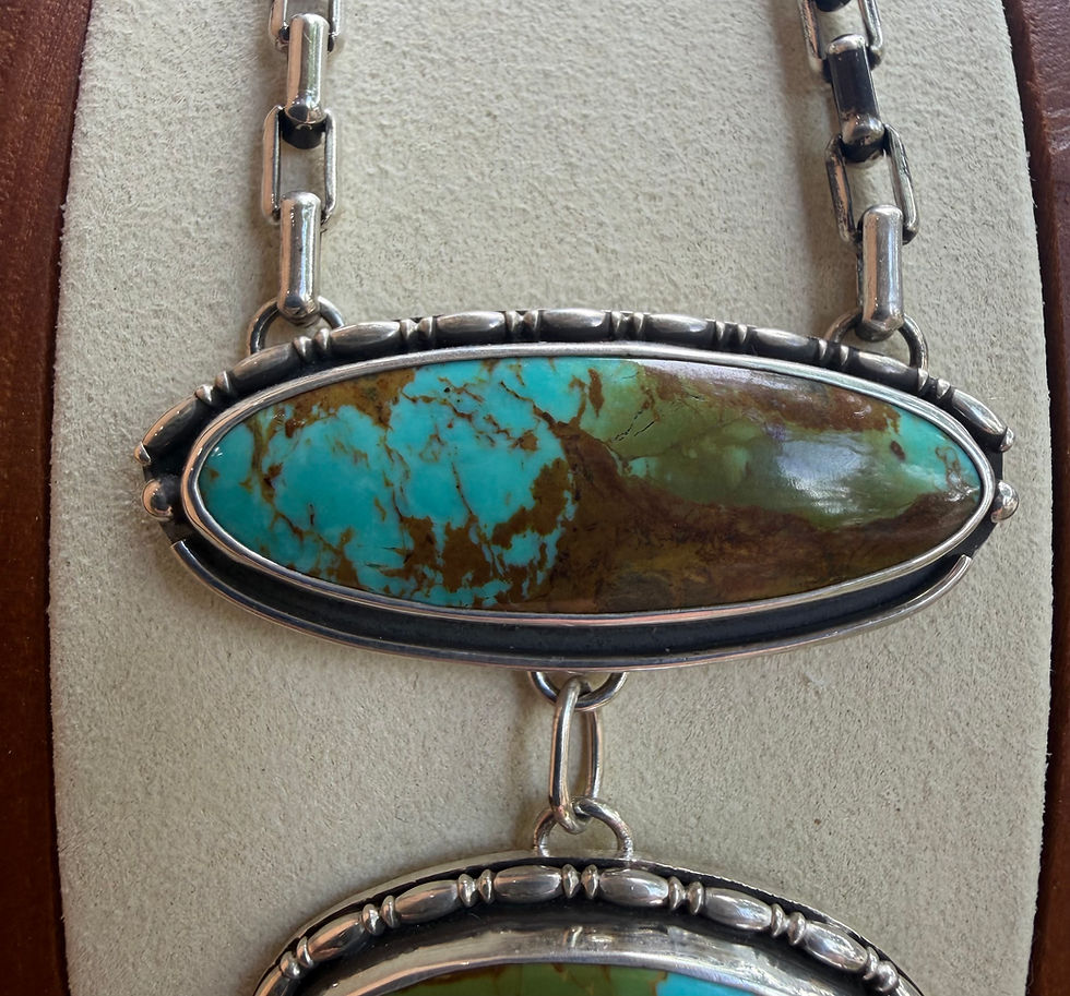 Beaded rope-edge bezel detail on cascading turquoise stones, Southwest artisan jewelry