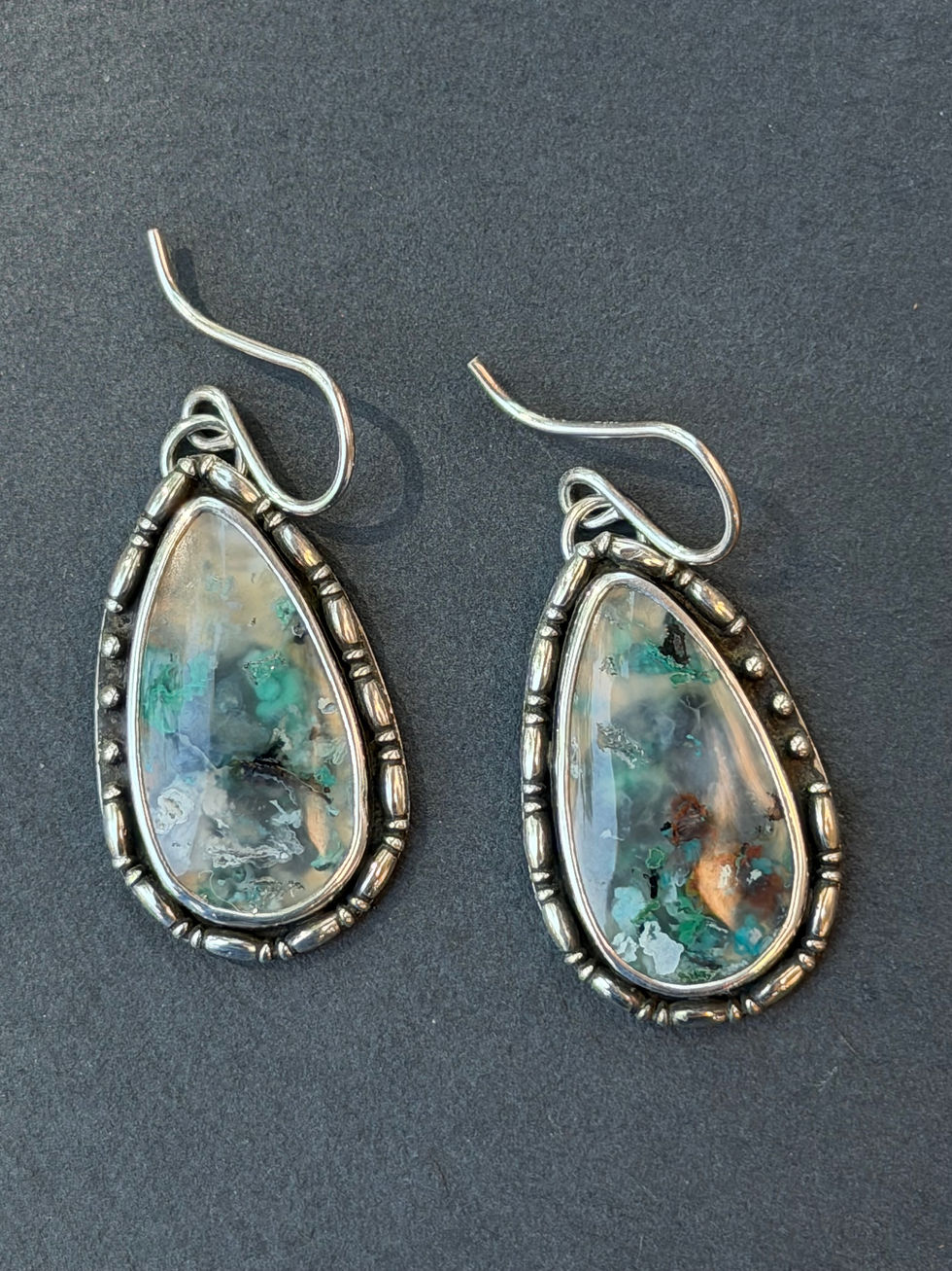 Confetti chrysocolla teardrop earrings with beaded silver bezel, handcrafted in Taos, New Mexico