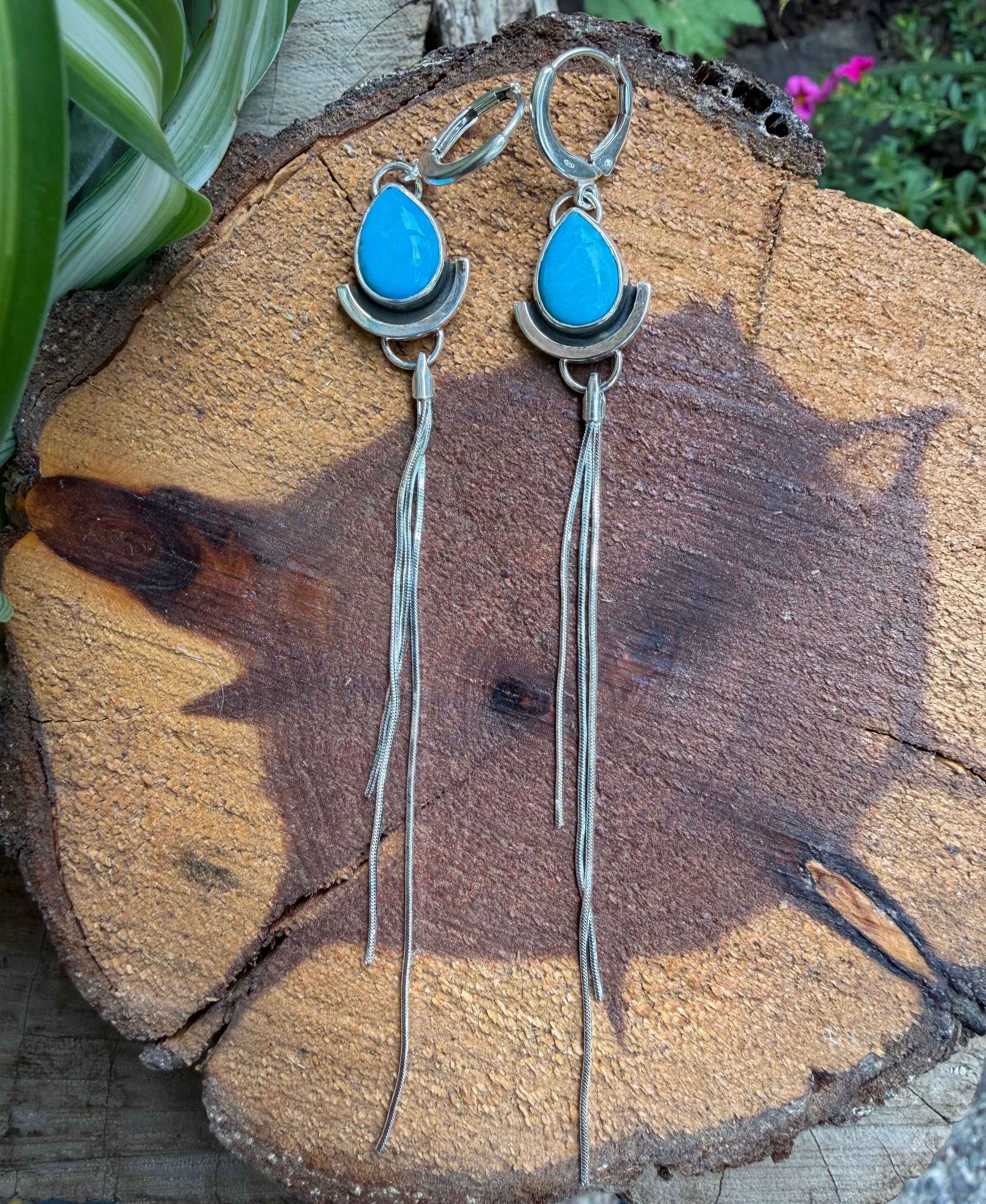 Desert Rain Dancer Kingman turquoise fringe earrings, handcrafted Taos, New Mexico