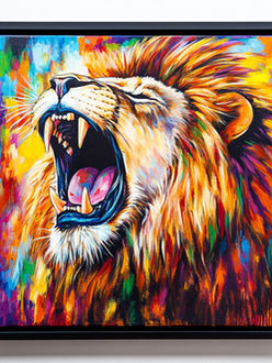 Ilustración colorida de un león rugiendo con la boca abierta, realizada con pinceladas expresivas y vibrantes en tonos cálidos y fríos que transmiten fuerza y energía.