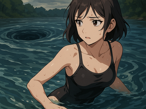 Ilustração em estilo anime adulto de uma mulher nadando em um rio profundo, sendo atraída por um redemoinho ao centro, simbolizando uma jornada interior de superação.