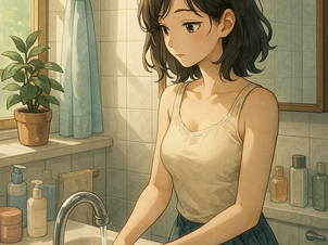 Banheiro iluminado com perfumes, cremes e memórias, com água escorrendo da torneira e luz suave.