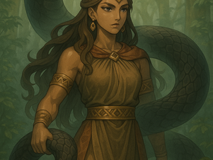 Mulher forte com serpente mística em cenário de floresta onírica