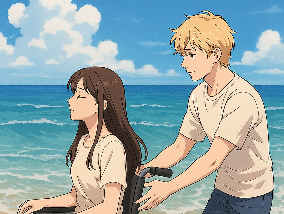 Ilustração em estilo anime de uma jovem em cadeira de rodas à beira-mar, ajudada por um rapaz loiro, simbolizando superação e libertação no conto onírico “O Sonho de Clara", de Angela Ponsi”.