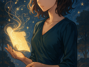 Mulher de cabelos castanhos segurando um papiro sob um céu estrelado, rodeada por notas musicais e constelações douradas, simbolizando a conexão entre arte, escrita e espiritualidade.