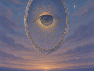 Espelho cósmico com olho central flutuando sobre o mar ao pôr do sol.