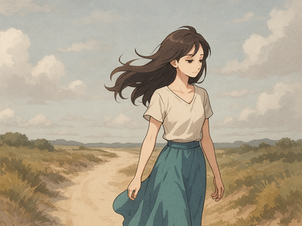 Ilustração em estilo anime mostrando uma mulher jovem de cabelos soltos caminhando sozinha em uma estrada de areia clara sob um céu nublado, com expressão serena e leveza no olhar.