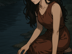 Ilustração em estilo anime adulto de uma mulher sentada na beira do rio, olhando seu reflexo na água em uma cena introspectiva e serena.