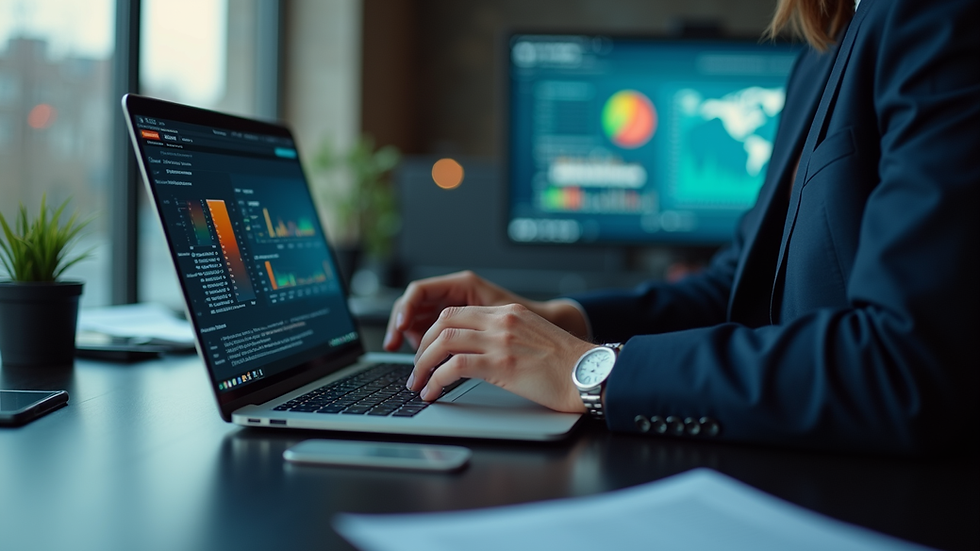 Eye-level view of a person analyzing data on a laptop