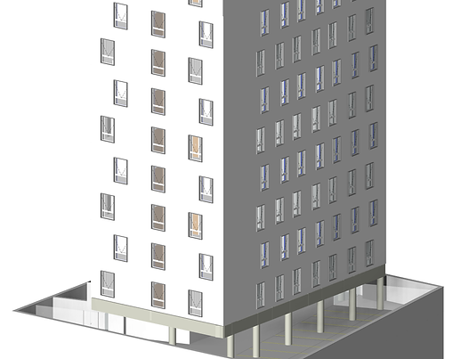Perspectiva ortogonal das fachadas de um projeto de arquitetura de hotel desenvolvido em BIM (Building Information Modeling)