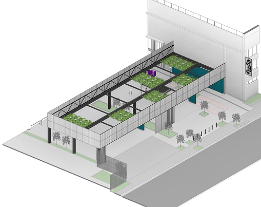 Vista em perspectiva ortogonal de estrutura e fachada de projeto de arquitetura para ampliação de área comercial em prédio corporativo. Compreende uma estrutura metálica e materiais de vedação criando um ambiente entreaberto com certa complexidade de detalhamento nos elementos construtivos. Projeto com clareza para a pré-fabricação, montagem e construção.