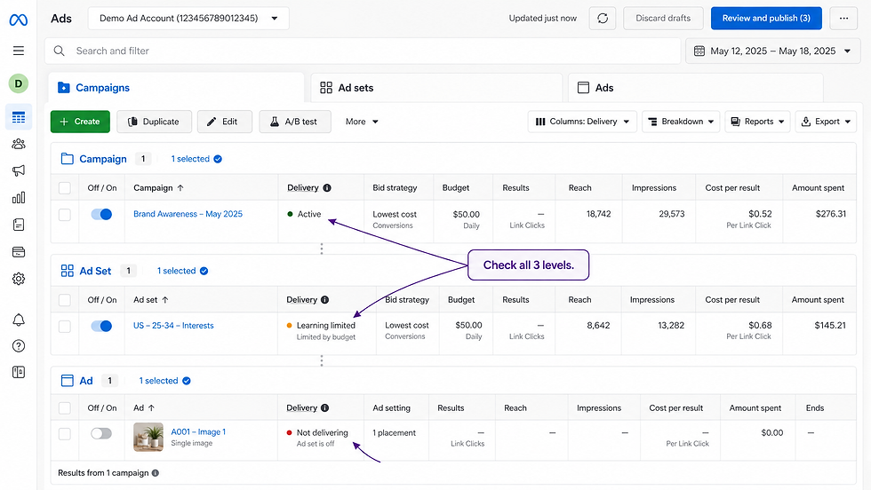 Facebook Ads delivery status at campaign ad set and ad levels