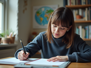 A student writing the ending of her college essay.