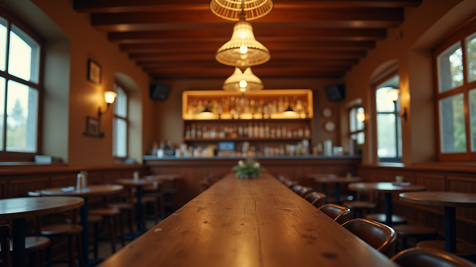 Eye-level view of a cozy bar interior with wooden accents