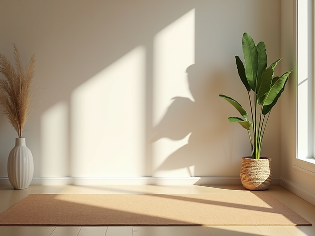 Serene home yoga space with a mat, soft light, and a plant, bathed in gentle morning sun..