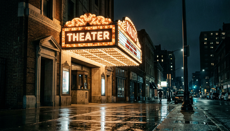 Low-angle view of a glowing theater marquee on a quiet city street at night.