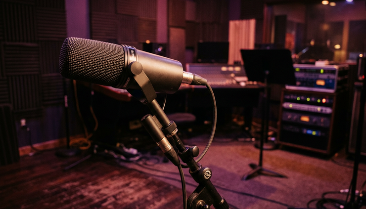Close-up view of a studio microphone under warm purple light.