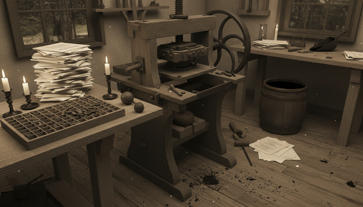 Eye-level view of a colonial printing press producing political pamphlets
