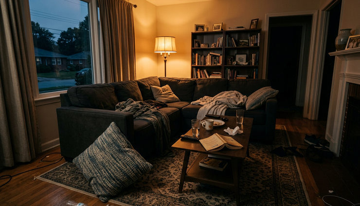 Wide-angle view of a tense family room after an emotional argument