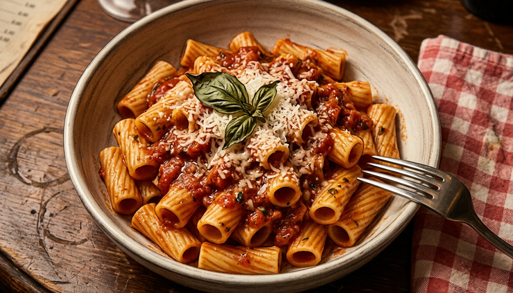 Close-up view of a bowl of rigatoni covered in thick red sauce.