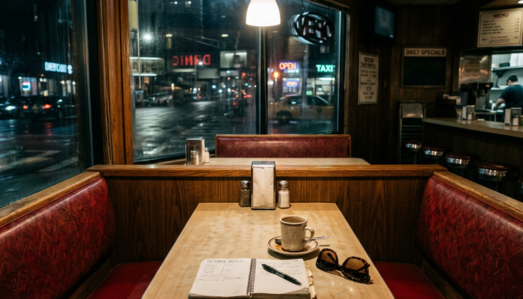 Eye-level view of an empty diner booth with a notebook and sunglasses on the table.