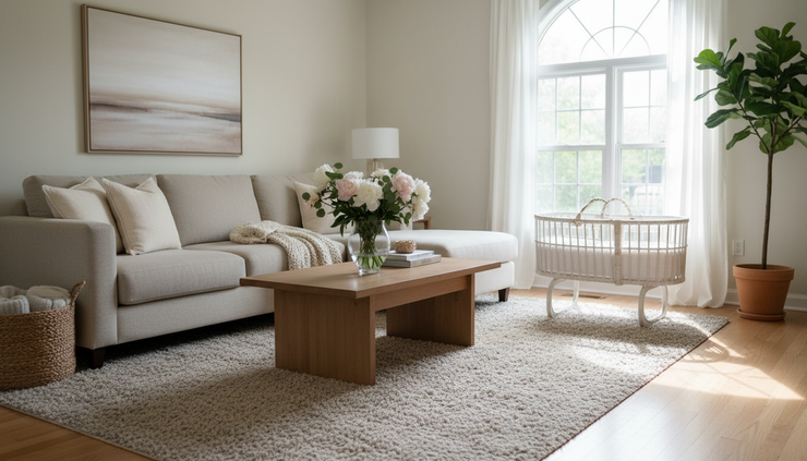 Wide-angle view of a quiet living room with flowers and a baby bassinet