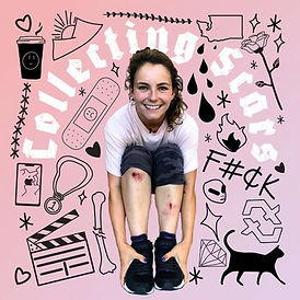 Collecting Scars podcast cover art with illustrated icons and a seated woman