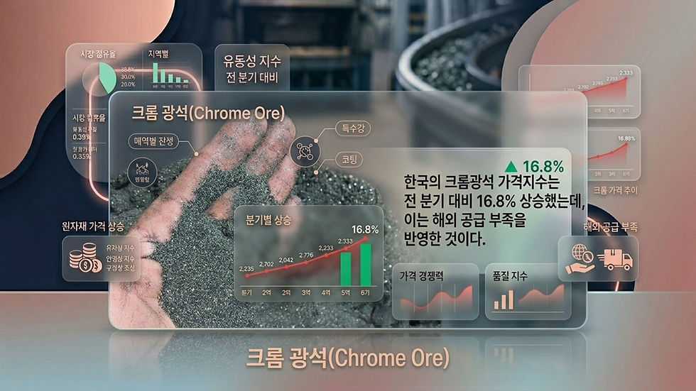 한국의 크롬 광석(Chrome Ore)가격지수는 해외 공급 부족을 반영하여 전 분기 대비 16.8% 상승했다.