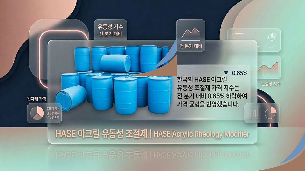 한국의 HASE 아크릴 유동성 조절제 (HASE Acrylic Rheology Modifier)가격 지수는 전 분기 대비 0.65% 하락하여 가격 균형을 반영했습니다.