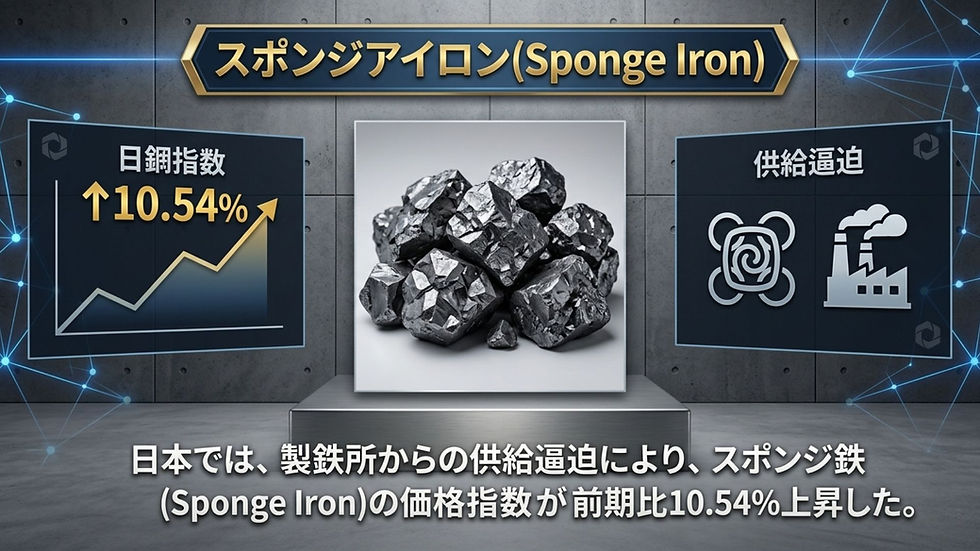 日本では、製鉄所からの供給逼迫により、スポンジ鉄(Sponge Iron)の価格指数が前期比10.54%上昇した。