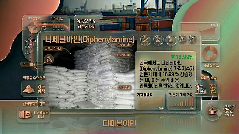 한국에서는 디페닐아민(Diphenylamine) 가격지수가 전분기 대비 16.99 % 상승했는데, 이는 수입 비용 인플레이션을 반영한 것입니다.