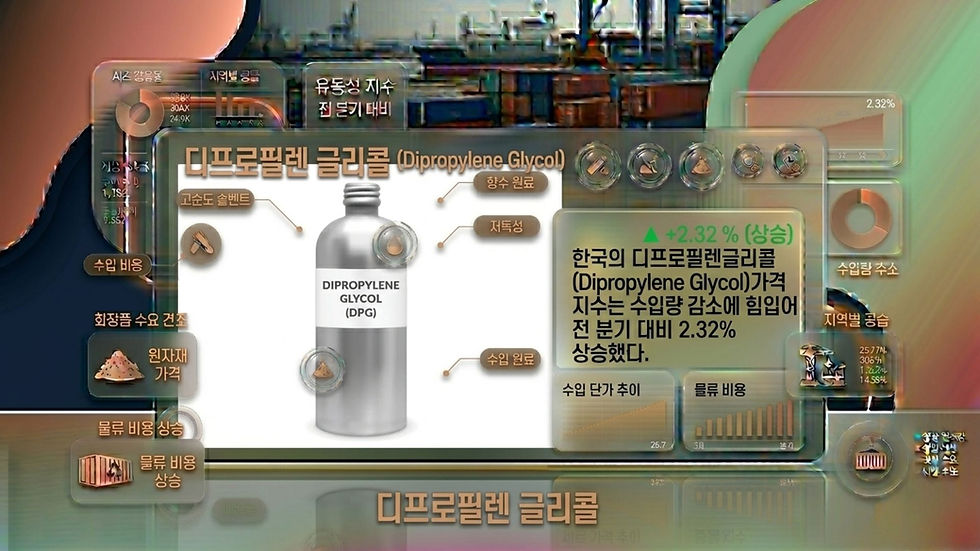 한국의 디프로필렌글리콜 (Dipropylene Glycol)가격지수는 수입량 감소에 힘입어 전 분기 대비 2.32% 상승했다.