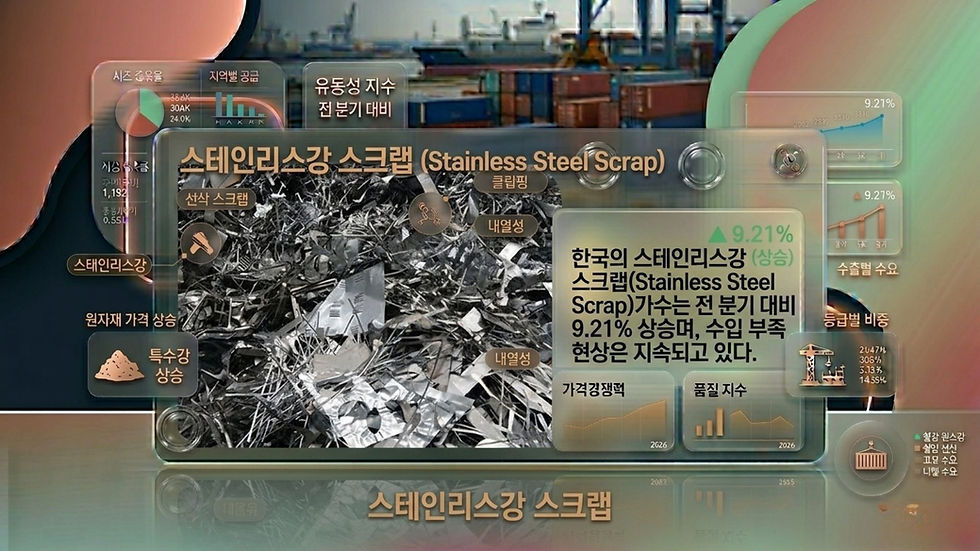 한국의 스테인리스강 스크랩(Stainless Steel Scrap)가격 지수는 전 분기 대비 9.21% 상승했으며, 수입 부족 현상은 지속되고 있다.