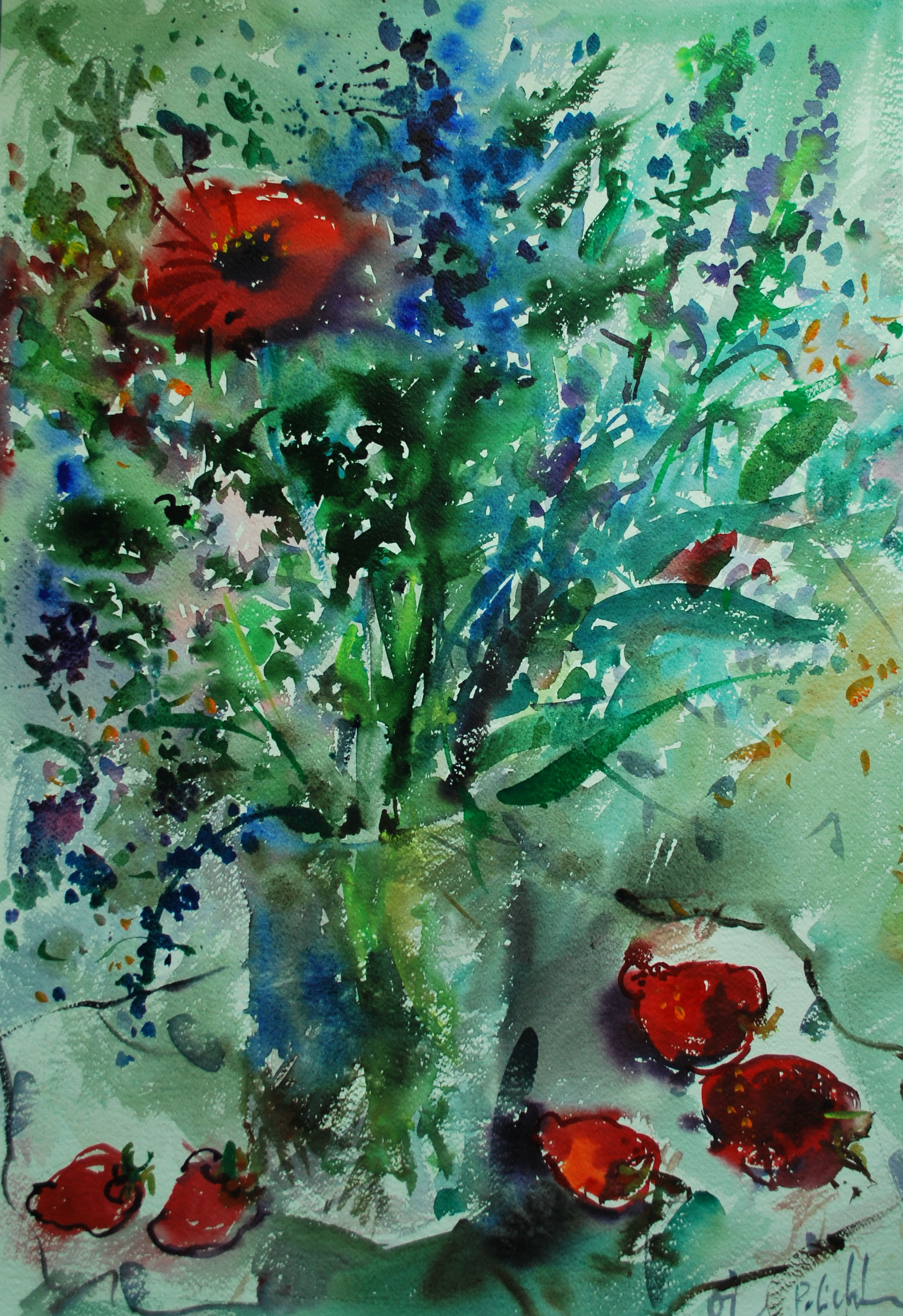 fragole e fiore rosso