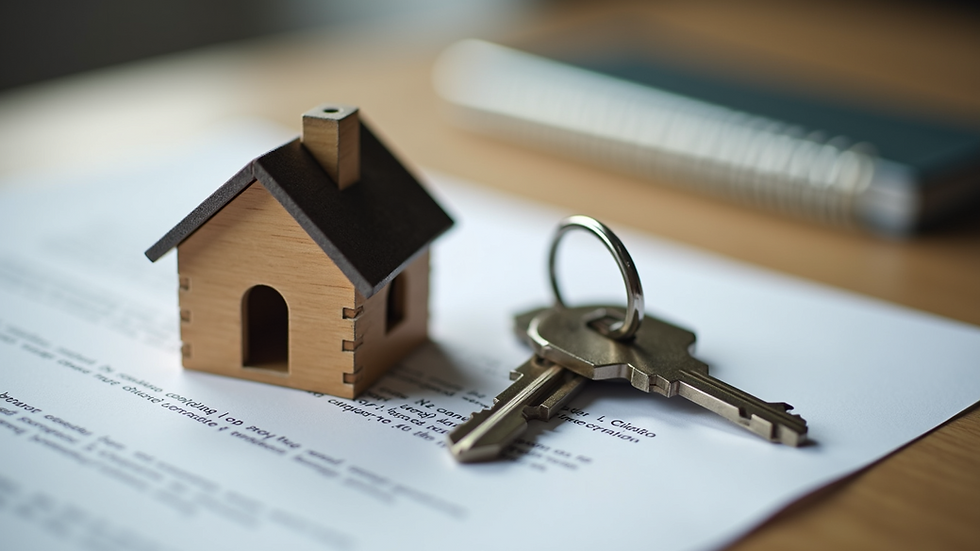 High angle view of a house key on top of a contract