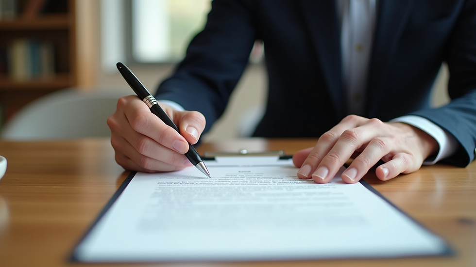 Close-up view of a contract being signed on a wooden table