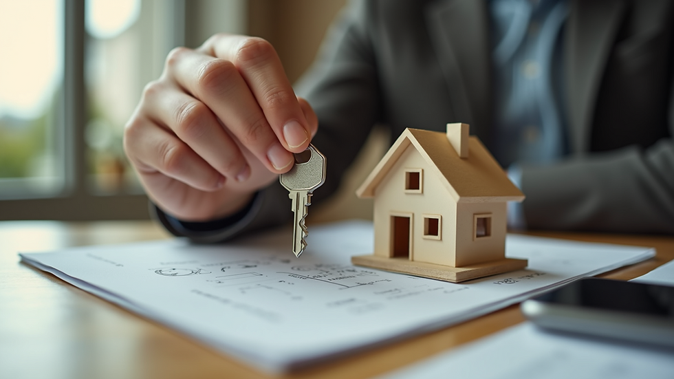 Close-up view of a hand holding a house key with a small house model on a table