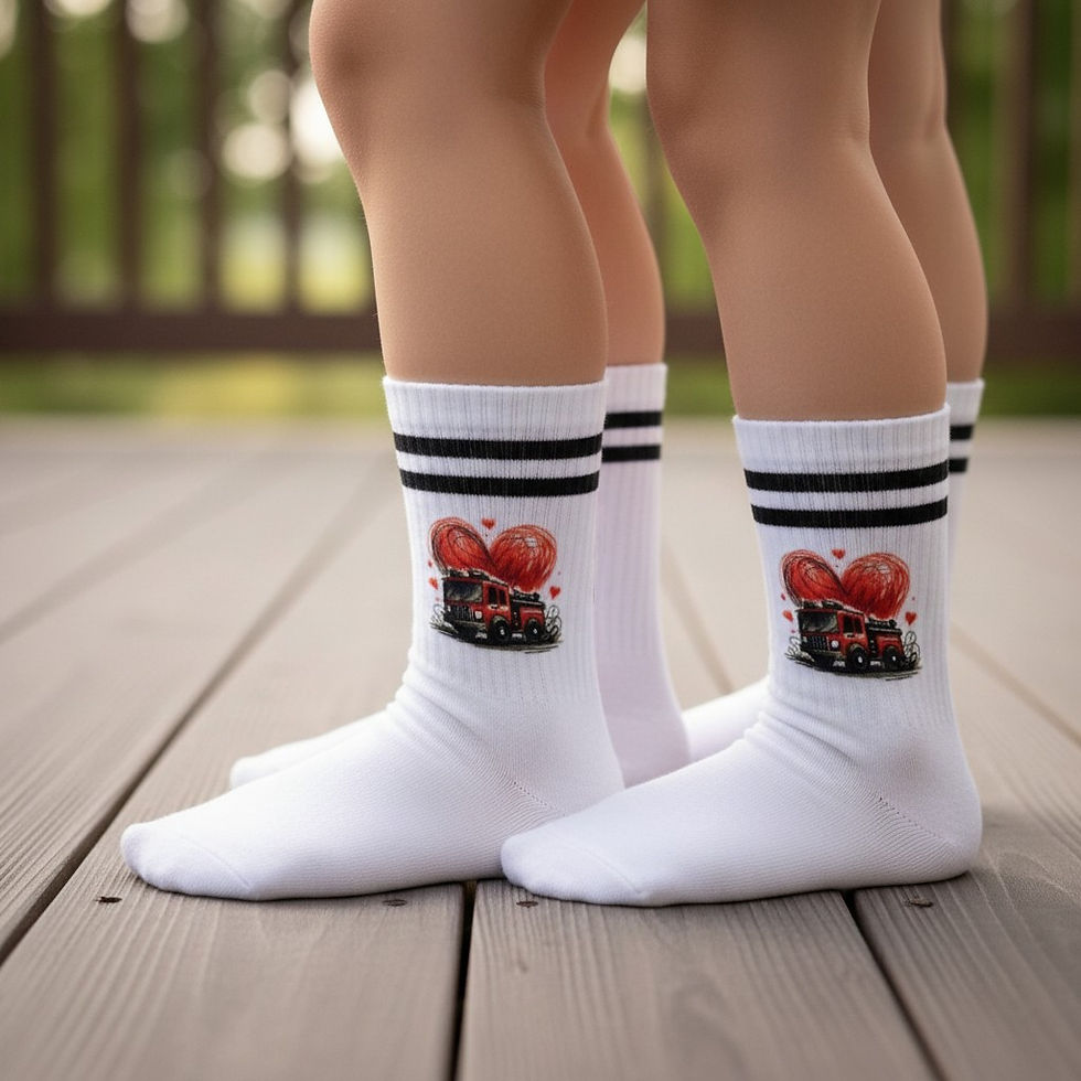 Feuerwehr Socken mit rotem Feuerwehrauto und Herz auf weißen Tennissocken