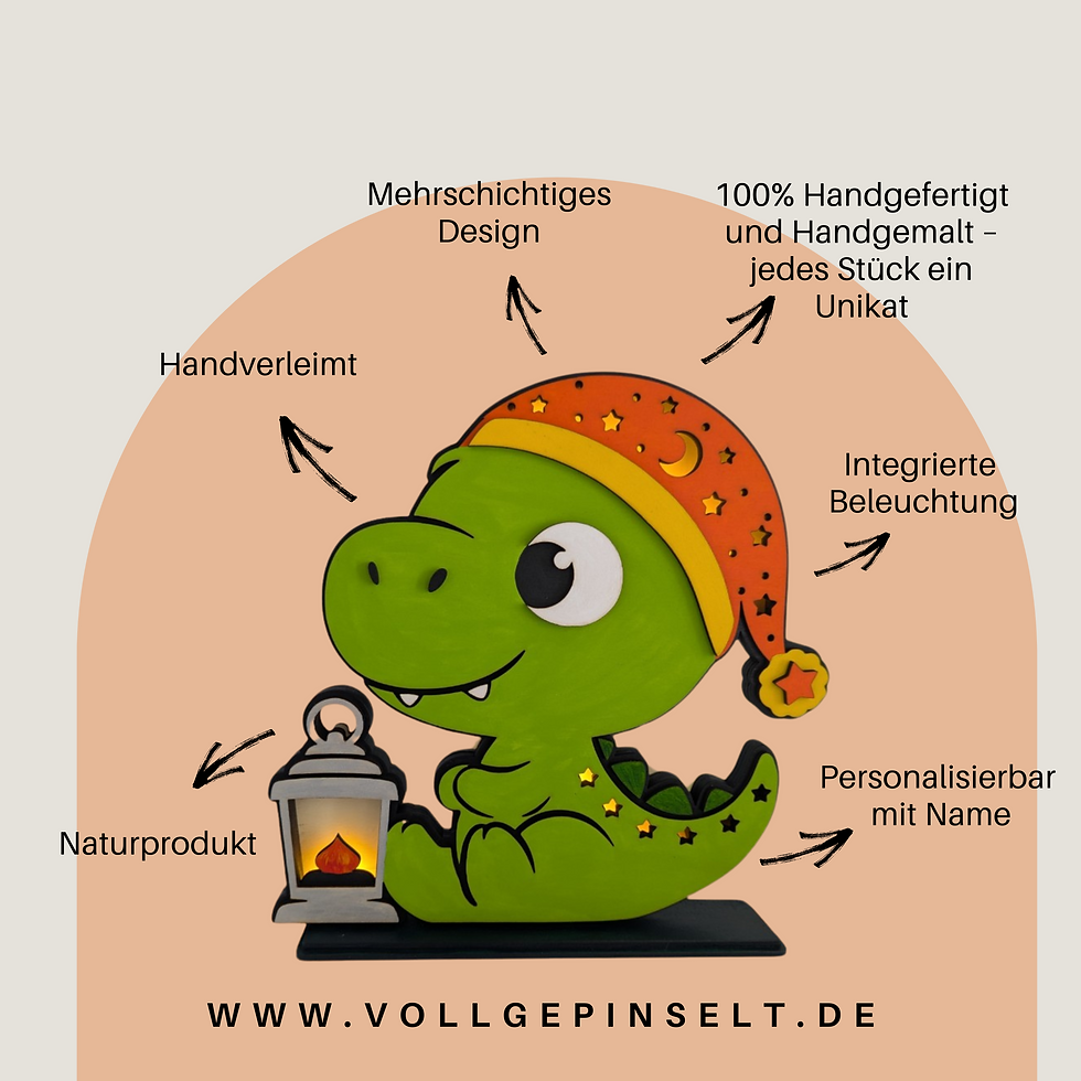 Miniaturbild: Personalisiertes Schlummerlicht aus Holz mit Dino Motiv und warmweißer LED Beleuchtung