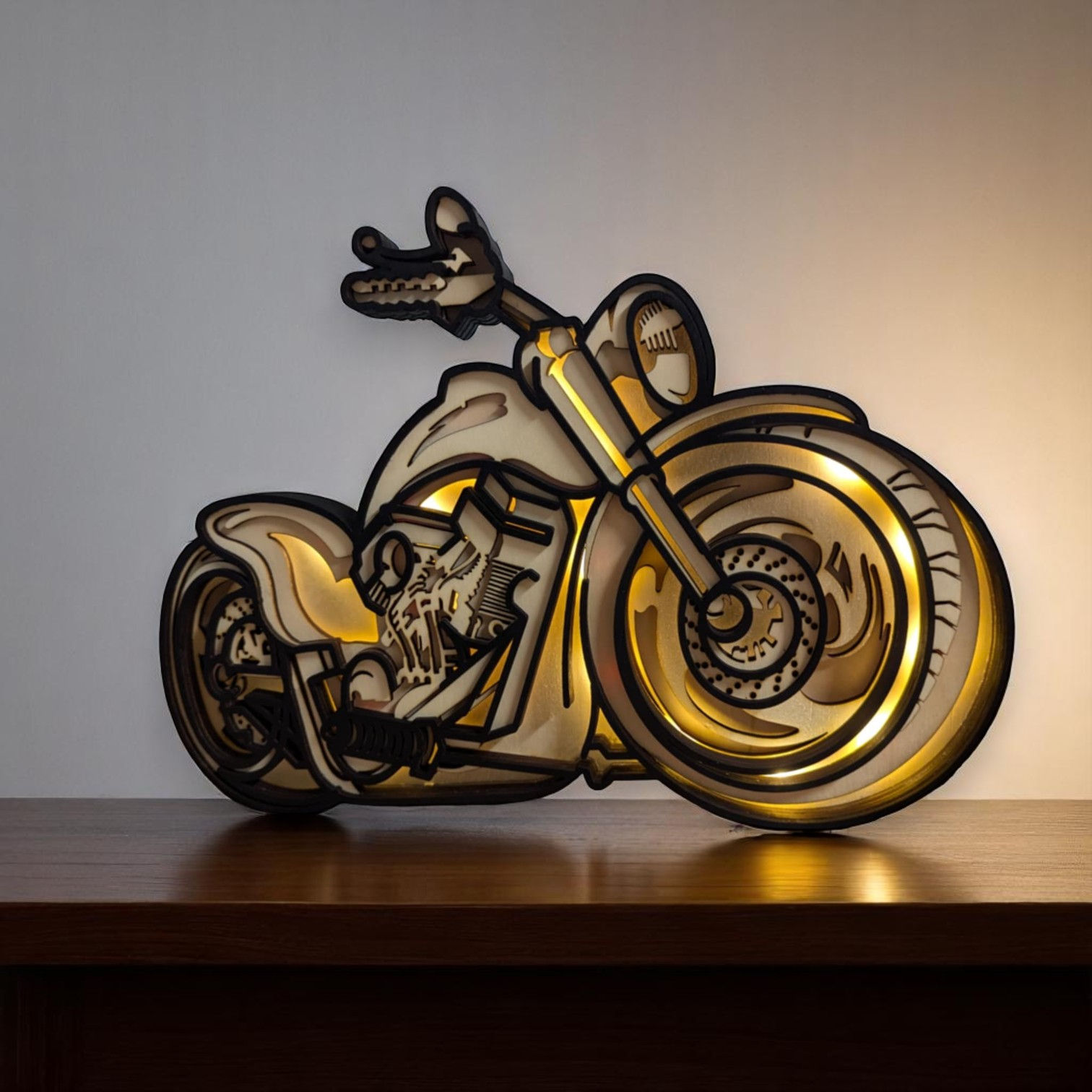 Holzbild Motorrad mit LED Beleuchtung als Biker Wanddeko aus mehrschichtigem Holz.