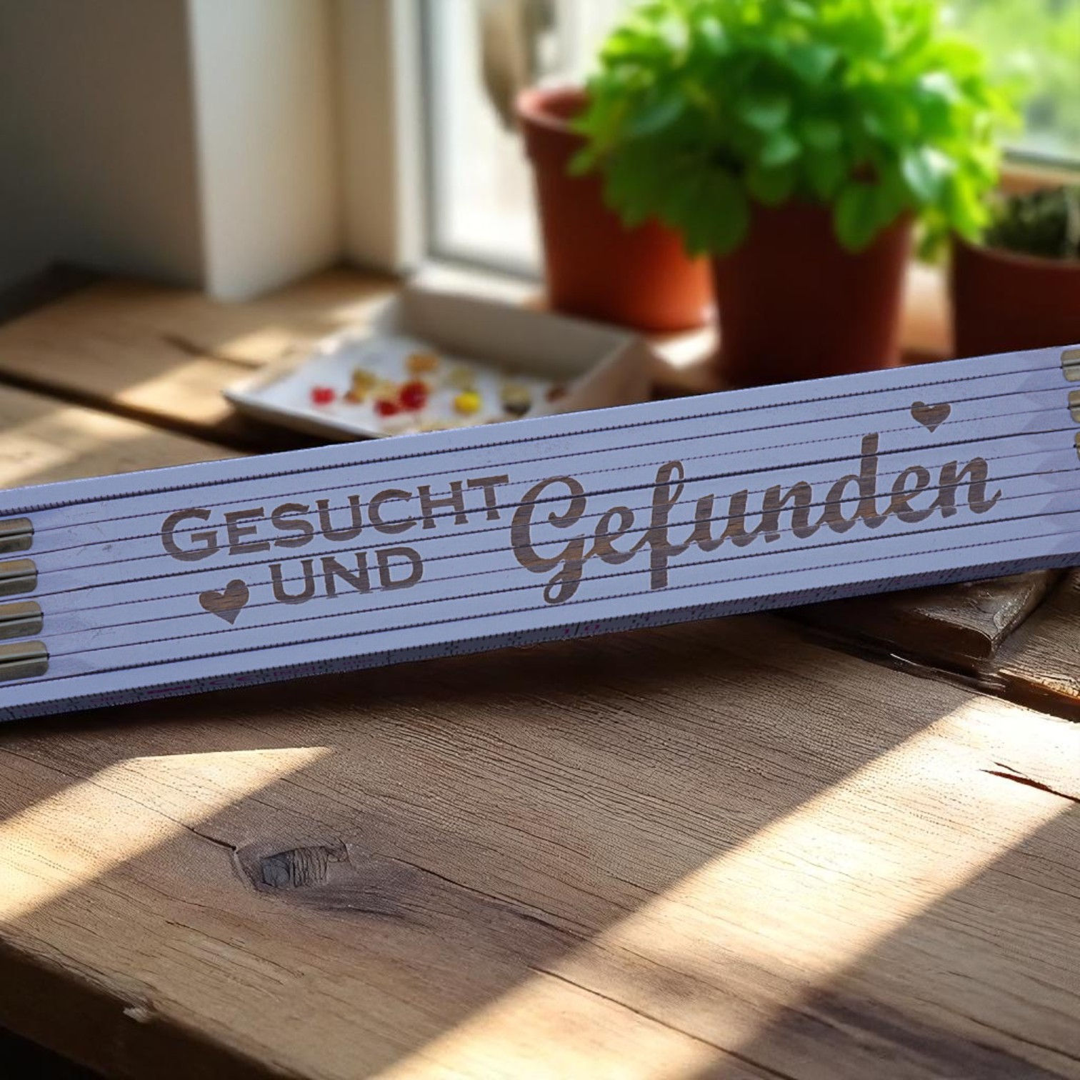 Gravierter weißer Holz-Zollstock mit Schriftzug „Gesucht und Gefunden“ und goldenen Gelenken auf Holztisch.