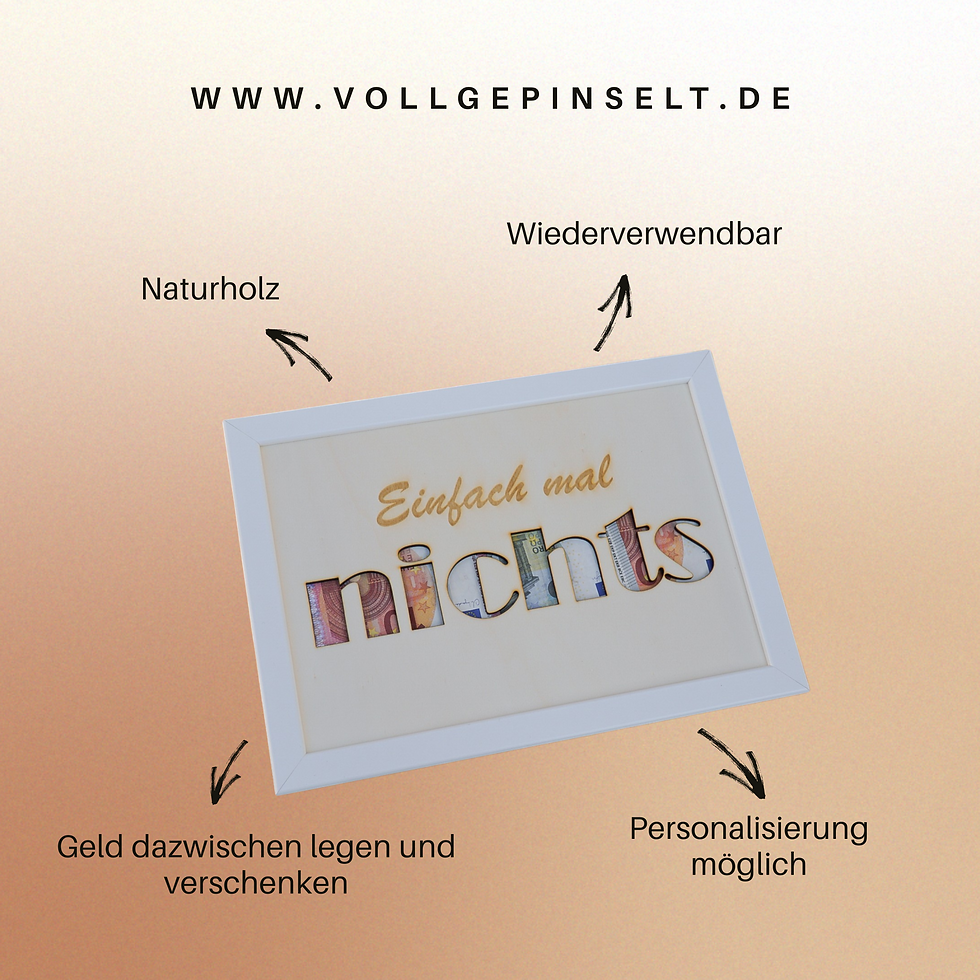 Miniaturbild: Bilderrahmen Geldgeschenk mit Holzplatte und eingelegten Geldscheinen.