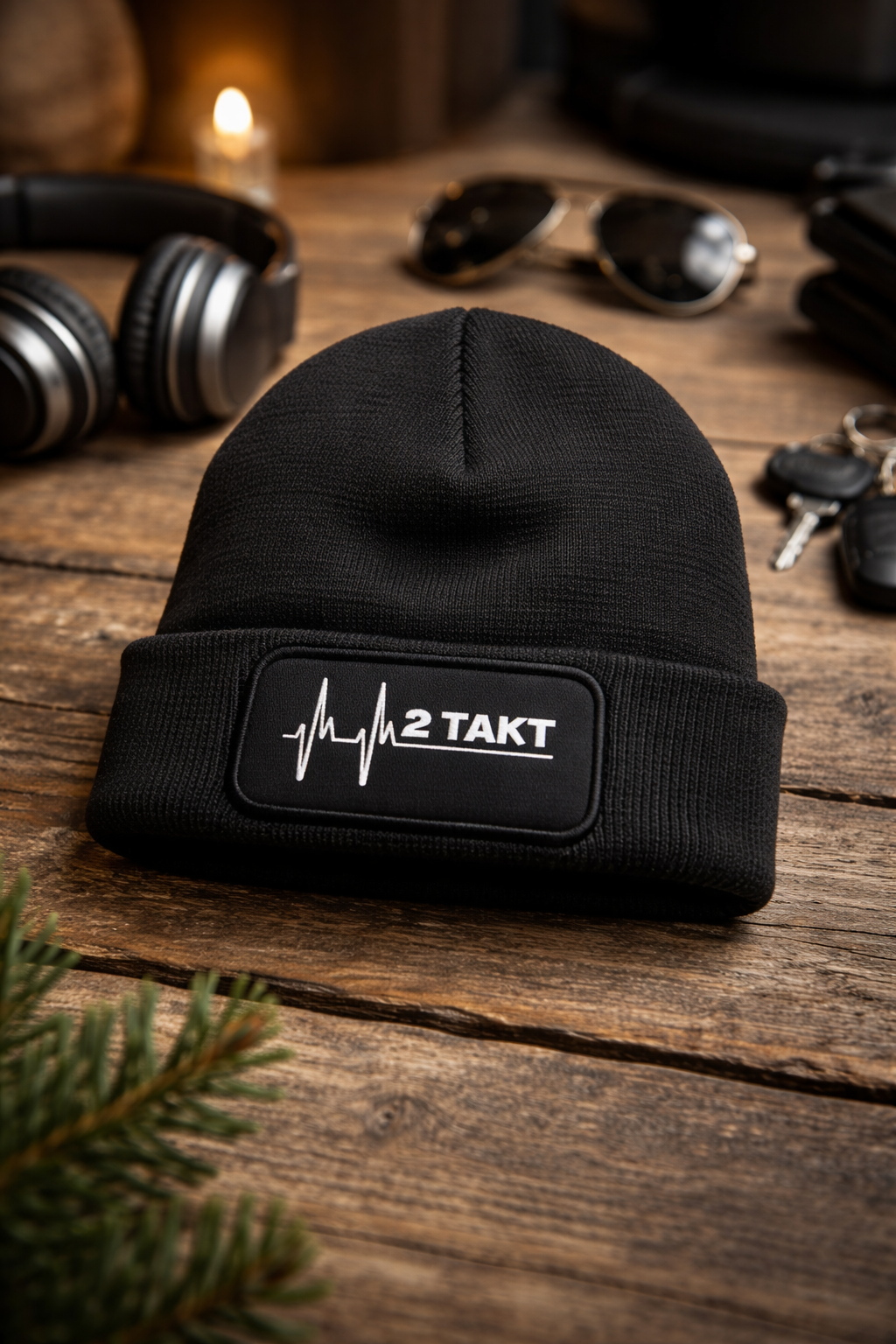 Schwarze Mütze mit Patch „2 Takt“ und Herzschlag-Symbol auf Holztisch neben Werkzeug und Kopfhörern – Mütze für Schrauber