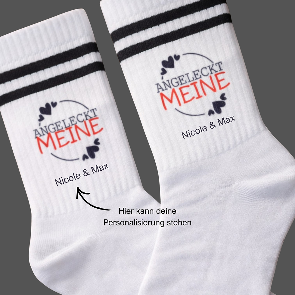 Miniaturbild: Weiße bedruckte Socken mit Spruch „Angeleckt Meine“ – lustige Statement Socken