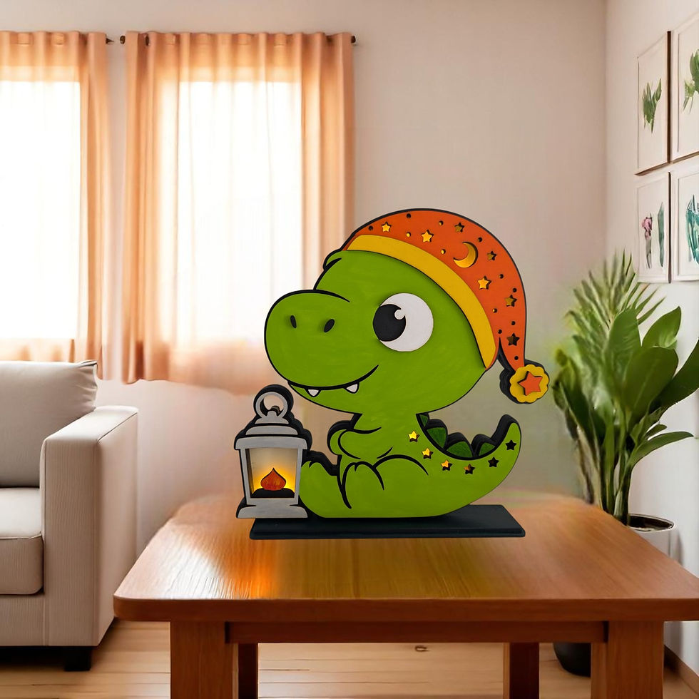 Personalisiertes Schlummerlicht aus Holz mit Dino Motiv und warmweißer LED Beleuchtung